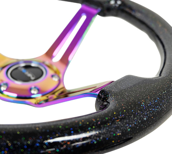 NRG Reinforced Steering Wheel (350mm / 3in. Deep) Blk Multi Color Flake w/ Neochrome Center Mark