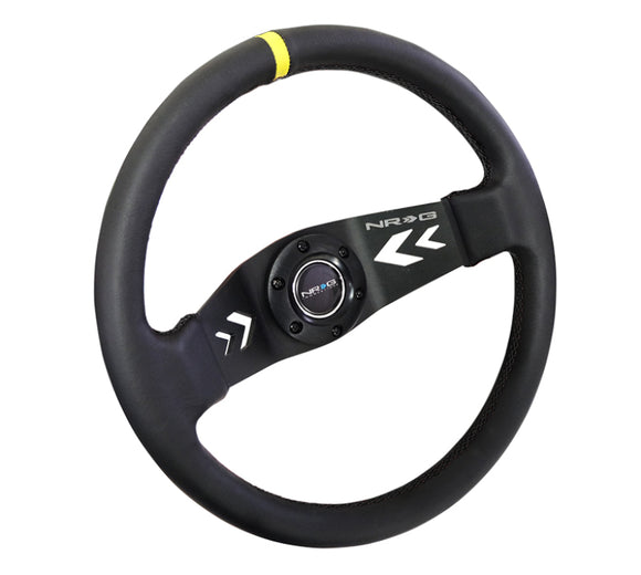 NRG Reinforced Steering Wheel (350mm / 3in Deep) Blk Leather w/NRG Arrow-Cut 2-Spoke & Sgl Yellow CM